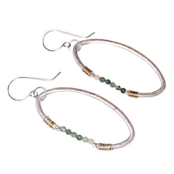 Hand Crafted Jewelry - Silver Hoop Dangle Earrings with Green Moss Agate